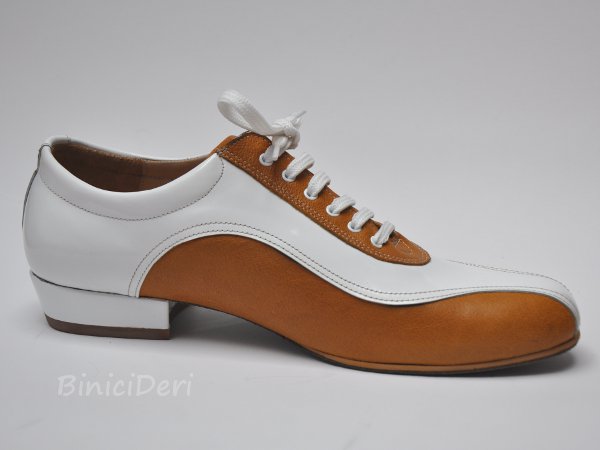 Men's sporty tango shoe - white patent leather & honey brown